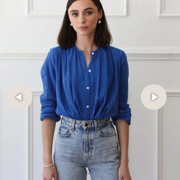 Mille Tops - Mille resort and travel Florian blue button-down long sleeve cotton top shirt M